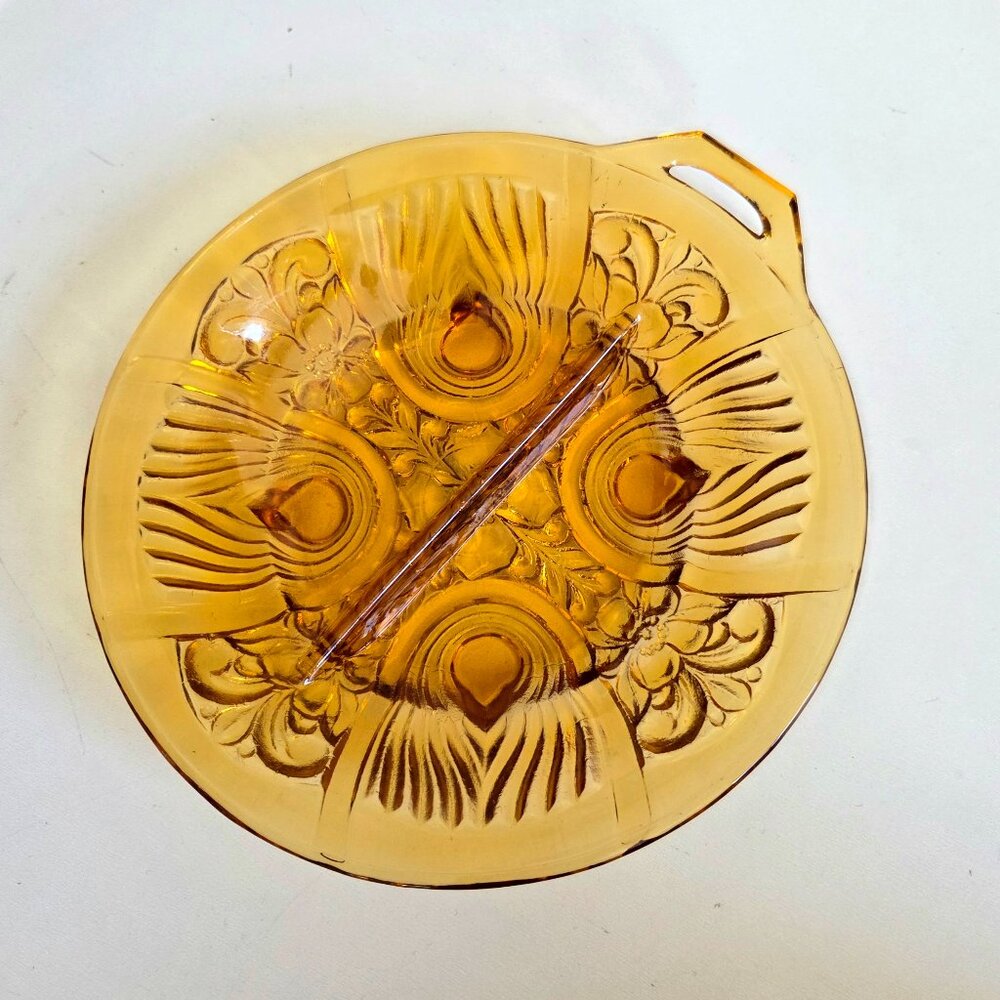 Vintage amber glass Indiana glass Killarney Marigold divided relish dish.